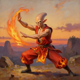 [ squidward ] wearing fire nation clothing and practicing firebendingoutside at susnset, oil painting, highly detailed, intricate, hd, sharp focus, photorealistic, by moebius and greg rutkowski, trending on artstation, trending on cgsociety, realistic shading and lighting