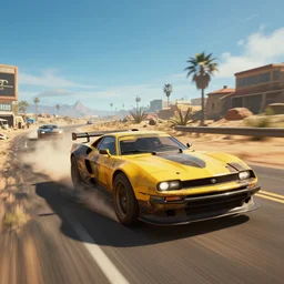 mad max fury road film still, racing on a post apocalyptic road, gta 5, fallout 4, rocket league, hyper detailed, forza, smooth, high contrast, volumetric lighting, octane, george miller, jim lee, vibrant rich deep color, comic book