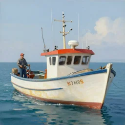 fishing boat by the sea, detailed painting, 4 k, hd, realistic, digital painting, artstation, by paul bonner, by aarons slim, by cordal isaac
