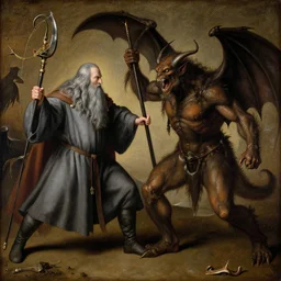 renaissance painting of Gandalf the gray fighting the balrog