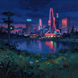 urbex by paul cezanne, neon signs dieselpunk at night lake lightpaint anime magic realism at dusk meadow, archdaily, wallpaper, highly detailed, trending on artstation.