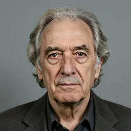 A mugshot portrait of an old man who looks like Jerma985 with an extremely receded hairline and short mid-length greying wavy hair, wearing mid-1980s menswear in the late 2000s, taken in the mid 2000s, grainy, realistic, hyperrealistic, very realistic, highly detailed, very detailed, extremely detailed, detailed, trending on artstation, front facing, front view, headshot and bodyshot, detailed face, very detailed face