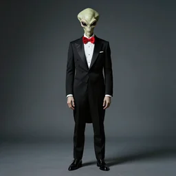 highly detailed full body portrait of an evil alien wearing a tuxedo, red bowtie, by gottfried helnwein, by richard estes, studio lighting, sigma 8 5 mm f / 1. 4