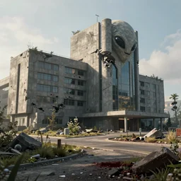 post apocalyptic hospital building, big grey alien looking, morning, building, avenue, modern contemporary urban americana concrete architecture, by pascal blanche, neil blevins, apocalyptic color palette, trending on artstation, photorealistic, wilderness ambiance, ultra detailed, high definition, depth of field, bokeh, rubble, wild vegetation, blood stains, building crumbling