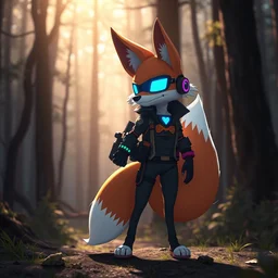 a cyberpunk anthropomorphic fox with a fluffy tail in a forest, backlighting, cgi, rendered in unreal engine, trending on artstation, cartoon