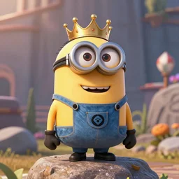 king minion bob standing on a rock win posing in pixar style, smooth render, unreal engine 5, high - quality