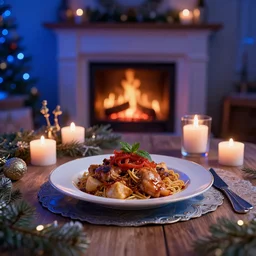 a wonderful photo of a delicious dish on a ornament table, cosy atmosphere, ambient blue lights, candles, fireplace, ultra realistic details, trending on artstation, 8 k