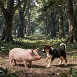 a puppy playing with a pig in a park, by giger and beksinski