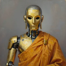portrait of! zenyatta! ( from overwatch ) the robot zen monk, a robot monk made of metal ( gold and silver ) with simple!!! stylized android mouthless face!!! + wearing! buddhist monk robes!, detailed realism in painting, detailed beautiful portrait, oil painting masterpiece, 8 k resolution, smooth, sharp focus, trending on artstation, by rembrandt