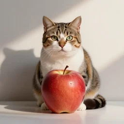 Photorealistic illustration of a cat with an apple for a body