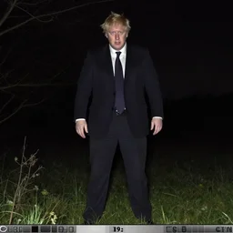 boris johnson monster trail cam footage, eerie, tall, boris johnson's, monster standing in the middle of the frame, full body, nighttime, eerie, scary, boris johnson