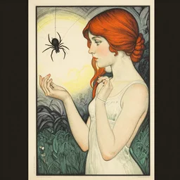 a girl and a spider, colored woodcut, poster art, by Mackintosh, art noveau, by Ernst Haeckel, by Beardsley