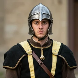 Medium shot young idealistic and pious homely male Imperial soldier wearing a black tabard with light yellow accents over a brown gambeson and a {realistic steel helm!!!!!}, by Raymond Swanland Greg Rutkowski Lise Deharm, {perfect face}, {perfect eyes}, {uncertain look}, {on edge}