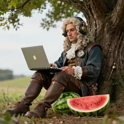sir isaac newton sitting under a tree on a hill holding a macbook - pro and wearing steampunk headphones, a big crushed watermelon is lying on the ground next to him, steampunk, sharp focus, hyper realistic, photorealistic, depth of field, hyper detailed, artstation, award winning, 3 d render, octane, 8 k, ray tracing, ultra high resolution,
