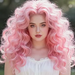 a photograph of rose quartz from steven universe, portrait photography, 8 5 mm, iso 4 0 0, focus mode, detailed portrait, gigantic tight pink ringlets, huge pink hair, plus size, extremely beautiful and ethereal, white dress, gorgeous, kind features, beautiful woman, flattering photo, daylight