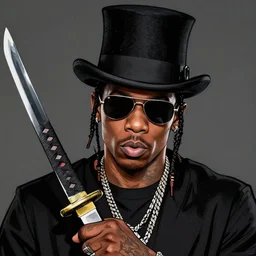 portrait of travis scott with sunglasses and a top hat holding a katana, digital art beautiful, thick lines