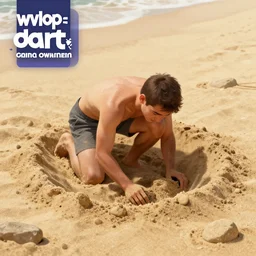 a little man made of sand, digging a whole on huge beach, closeup, highly detailed, anatomically correct, digital art by wlop, deviantart contest winner, fantasy art, digital illustration, digital painting, photoillustration