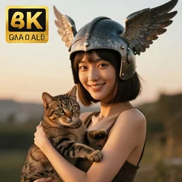 Smiling sorceress holding a tabby cat, wearing a winged helmet. Skinny asian woman with short-cut shoulder length hair, wearing a winged helmet. A helmet with wings.  Art by William-Adolphe Bouguereau. During golden hour. Extremely detailed. Beautiful. 4K. Award winning.