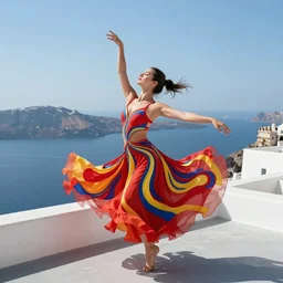 beautiful modern dancer wearing a red and yellow and blue swirling dress, standing on a Santorini terrace looking at the ocean, artstation, cinematic, hyperrealistic, octane render, dynamic lighting