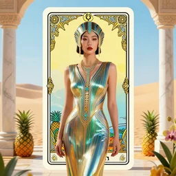 giesha demon, innovative avant - garde art, deco fashion, asian women, highly detailed, photorealistic portrait, serene desert setting, vaporwave, crisp quality and light reflections, vaporwave pineapples + orchids, inside a room with marble columns, transcendent, vibrant color, clean linework, finely detailed, tarot card with ornate border frame, 4 k, trending on artstation, photorealistic, volumetric lighting, octane render