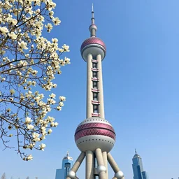 a tree of magnolia, the oriental pearl tower, unreal engine, 4 k, wide angle, aftereffect, blue sky background, by zeen chin,