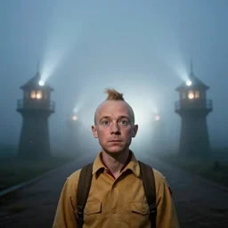 a cinematic wideangle portrait of tintin, fog filled, spotlights shine down from the watchtowers, perfectly lit face, ultra realistic, depth, beautiful lighting