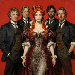 Brian Froud and Jean-Baptiste Monge and Solomon Joseph Solomon and Richard Schmid and Jeremy Lipking victorian genre painting portrait painting of a young beautiful woman marverl DC comic book character fantasy costume, red background