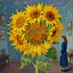 giant sunflower head, woman in an apartment, surreal, dramatic light, impressionist painting, digital painting, artstation, van gogh