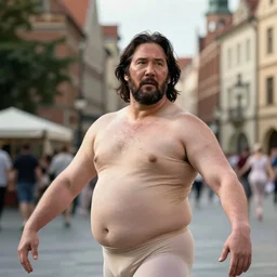 fat obese keanu reeves in ballet dancer uniform, medium shot, trip to legnica, documentary still, bokeh, natural