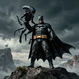 batman stands on a mountain. dragging defeated alien in one hand. greg rutkowski, cinematic, atmospheric, trending on artstation, 8 k, hd, high contrast, majestic. anatomically correct. wide angle.