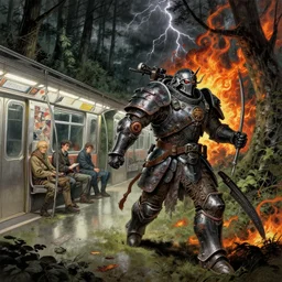 runs away from men on the subway and forest, composition gothic and futuristic, warhammer, cyber japan armor, more scars,, fire storm, thunderstorm, the middle ages, highly detailed, artstation, moebius, jugendstil and classic japanese print, art by kenton nelson