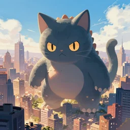kaiju cat monster looms over city, artstation, pixiv, digital art