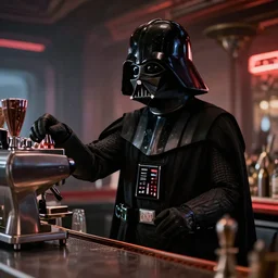 film still of Darth Vader working as a barista in the new Star Wars movie, 4k