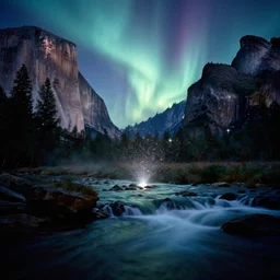 a 2 8 mm macro kodachrome photo of a waterfall made of nebula aurora stardust flowing into the river in the valley in yosemite national park in the 1 9 5 0's, seen from a distance, bokeh, canon 5 0 mm, cinematic lighting, film, photography, moonlight, long exposure, depth of field, award - winning