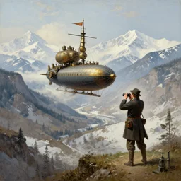 1920's steampunk airship passing through a valley, a man is taking a photograph of it while standing on a nearby hill, snowy mountains in the background, painted by Jakub Rozalski