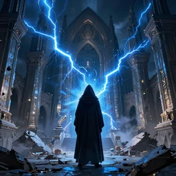 a still of a cloaked figure standing in the ruins of crux prime, monastery, there is lightning, blue fiery maelstrom in the distance, it is raining, digital art, artstationhq