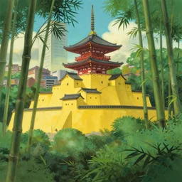 japanese yellow fortress in a city inside the bamboo forest by studio ghibli painting