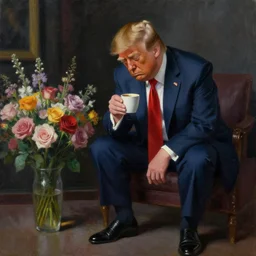 donald trump enjoying coffee sad and alone in a dark room, near a bunch of flowers. pixiv, masterpiece, wlop, oil painting, ranked on artstation
