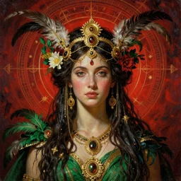 hyper realistic portrait painting of goddess cybele with intrincate detail, golden ornaments, feathers wet, flowers, by godward, gustav moreau, saturno butto, boris vallejo, austin osman spare and david kassan, by bussiere. occult art, occult diagram, red and green color scheme.