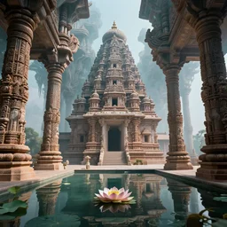 a gigantic never seen before ancient indian temple, deep dream landscape. complex architectural ethereal pillars intricated design. mirroring water with lotus inside. photo realistic, natural 8 k phography rendering.