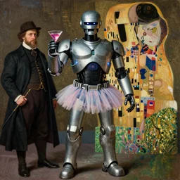 ed 2 0 9 urban pacification war robot from robocop wearing a tutu and holding a pink martini by gustave courbet and carl spitzweg and klimt