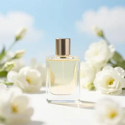 bright perfume bottle sitting on a white clean surface surrounded by a plethora of blurred white flowers close up shot, upfront, with sunny bright blue sky and clouds in the background, softly - lit, soft - warm, zen, light, modern minimalist f 2 0 clean