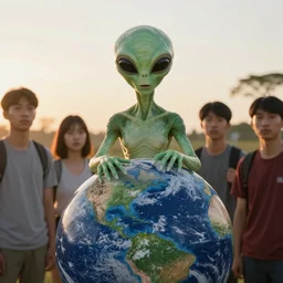photograph alien on earth, posing in disguise among humans, in group photograph, 4k, hyper realistic, golden hour, benevolent