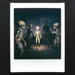 polaroid photograph of horrorific extraterrestrial beings visiting earth, 1 9 5 0