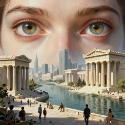 city of the future, socialist realism, view from the eyes, cyberpunk, architecture, greek style, river, many people, highly detailed, digital painting, artstation, concept art, matte, sharp focus, illustration, art by artgerm and greg rutkowski and alphonse mucha