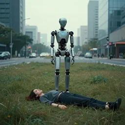 a sad photograph of a sad slender, humanoid robot togheter with a woman lying in the field, large shot, wide shot, in a street, cyberpunk photo