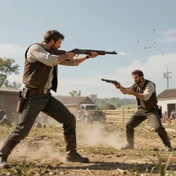 “ two men in a shootout with a man dodging bullets, action, in the style of greg rutkowski, photorealistic, unreal engine ”