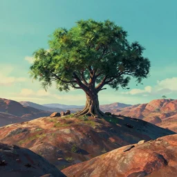 alien tree in the rocky hills, Low level, rendered by Beeple, Makoto Shinkai, syd meade, simon stålenhag, synthwave style, digital art, unreal engine, WLOP, trending on artstation, 4K UHD image, octane render,