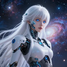 photo of a android girl on a mothership, warframe armor, beautiful face, scifi, nebula, futuristic background, galaxy raytracing, dreamy, sparks of light, long white hair, blue cyborg eyes, glowing, 8 k high definition, technology, insanely detailed, intricate, innocent, art by akihiko yoshida, antilous chao, li zixin, woo kim