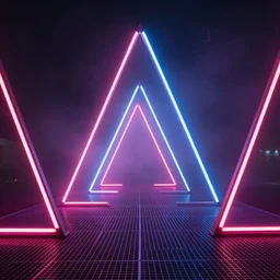 volare attraverso triangoli al neon luminosi con pavimento in metallo creando un tunnel con nebbia